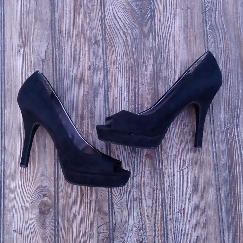 Candie's Black Suede Open Toe Pump Heels